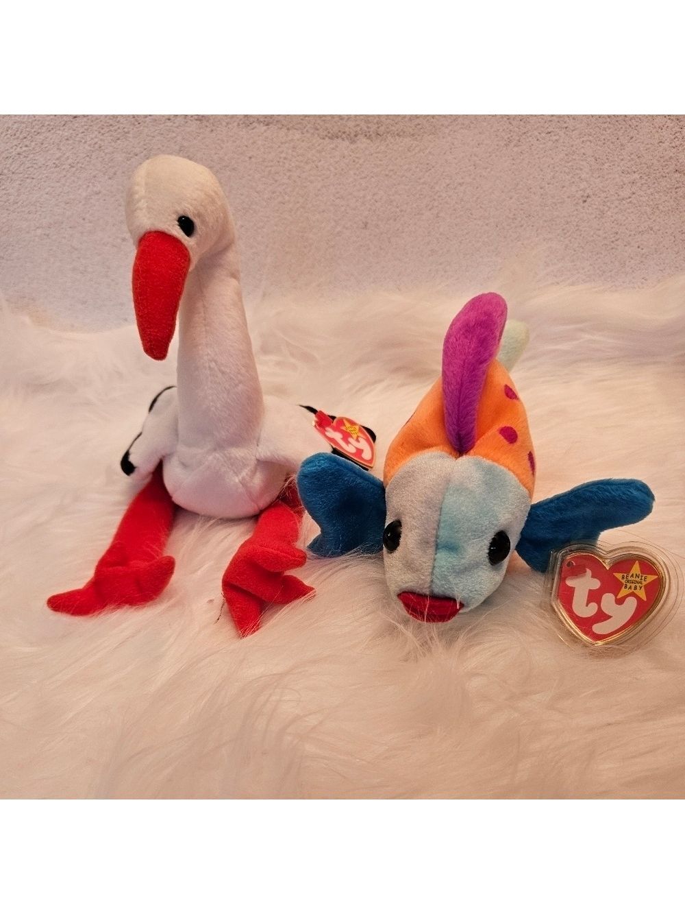 Ty Plush Bird "Stilts" and Vibrant Fish "Lips", Excellent Condition with Tags